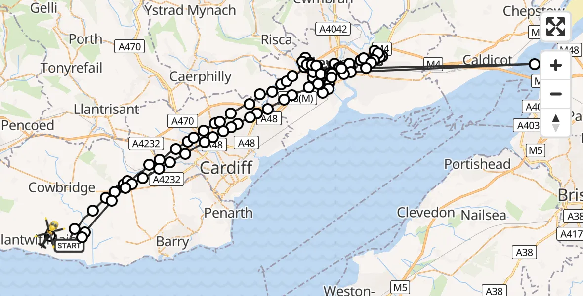 Flight path map showing Police Helicopter route from MOD St Athan to Boverton