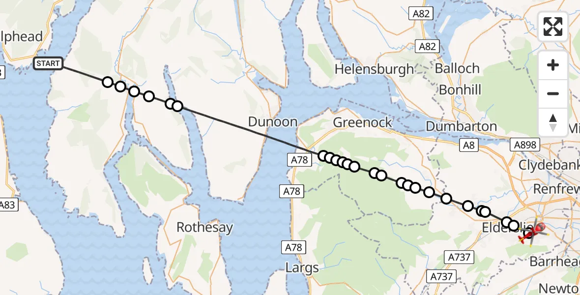 Flight path map showing Air Ambulance Helicopter route from Inner Seas to Royal Alexandria Hospital Paisley