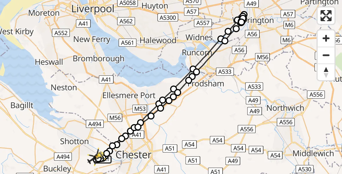 Flight path map showing Police Helicopter route from Hawarden Airport to Broughton