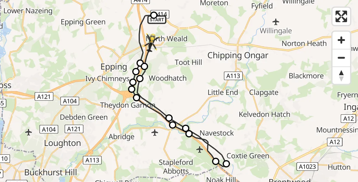 Flight path map showing Police Helicopter route from North Weald Airfield to North Weald Airfield