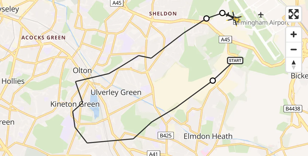 Flight path map showing Police Helicopter route from Birmingham Airport to Birmingham Airport