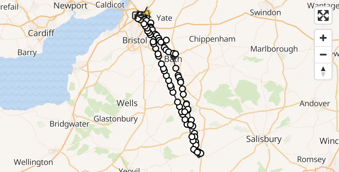 Flight path map showing Police Helicopter route from Almondsbury Helicopter Base to Hortham