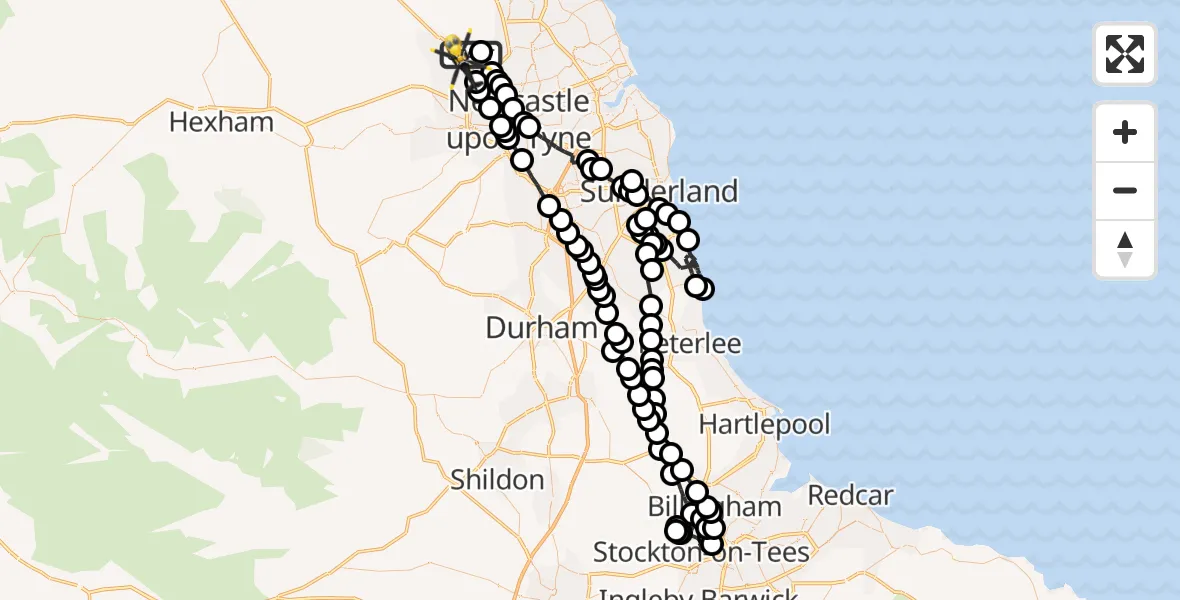 Flight path map showing Police Helicopter route from Newcastle International Airport to Callerton