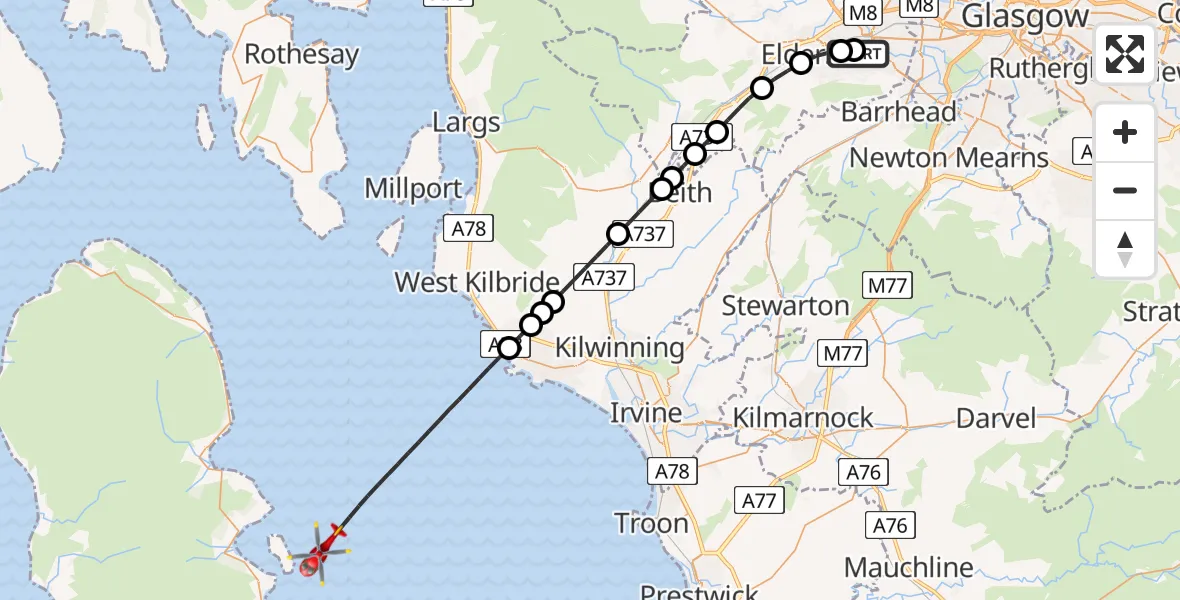 Flight path map showing Air Ambulance Helicopter route from Royal Alexandria Hospital Paisley to Inner Seas