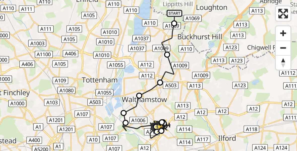 Flight path map showing Police Helicopter route from Sewardstonebury to Leytonstone