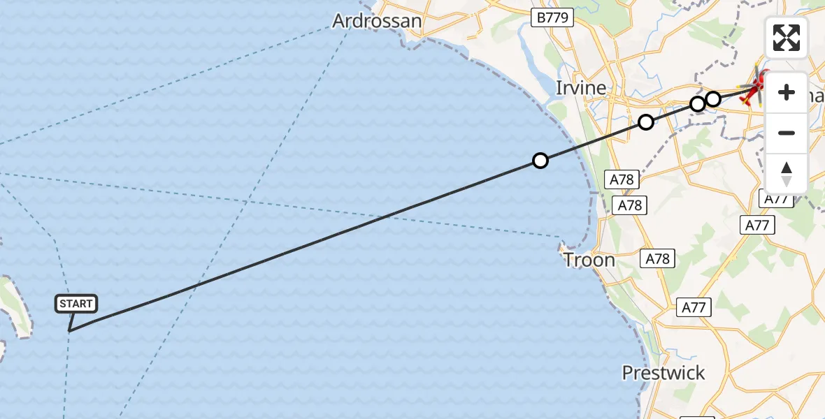Flight path map showing Air Ambulance Helicopter route from Inner Seas to Crosshouse
