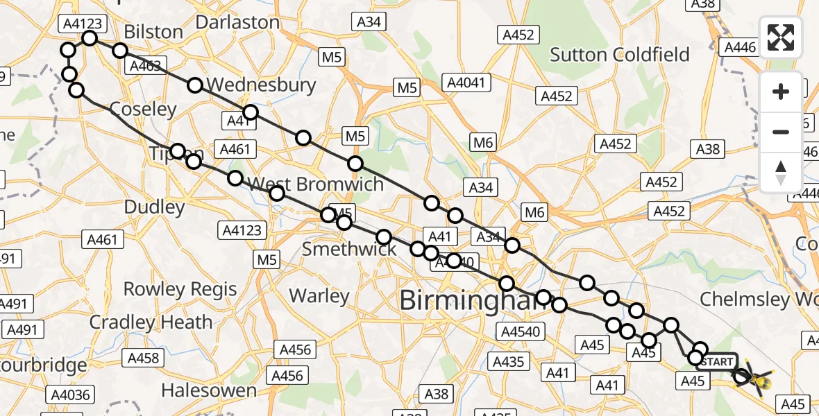 Flight path map showing Police Helicopter route from Garretts Green to Birmingham Airport