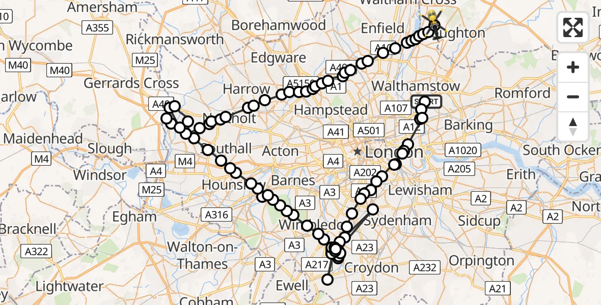 Flight path map showing Police Helicopter route from Leytonstone to Metropolitan Police Air Support Unit Lippitts Hill