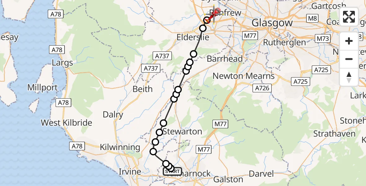 Flight path map showing Air Ambulance Helicopter route from Crosshouse University Hospital to Glasgow Airport