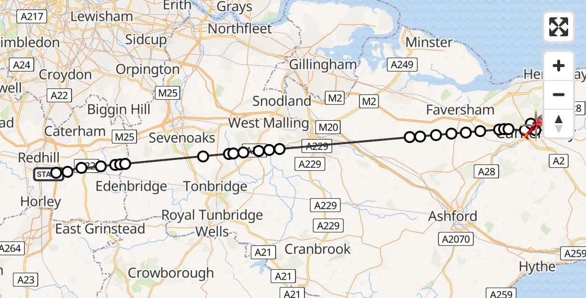 Flight path map showing Air Ambulance Helicopter route from Redhill Aerodrome to Harbledown
