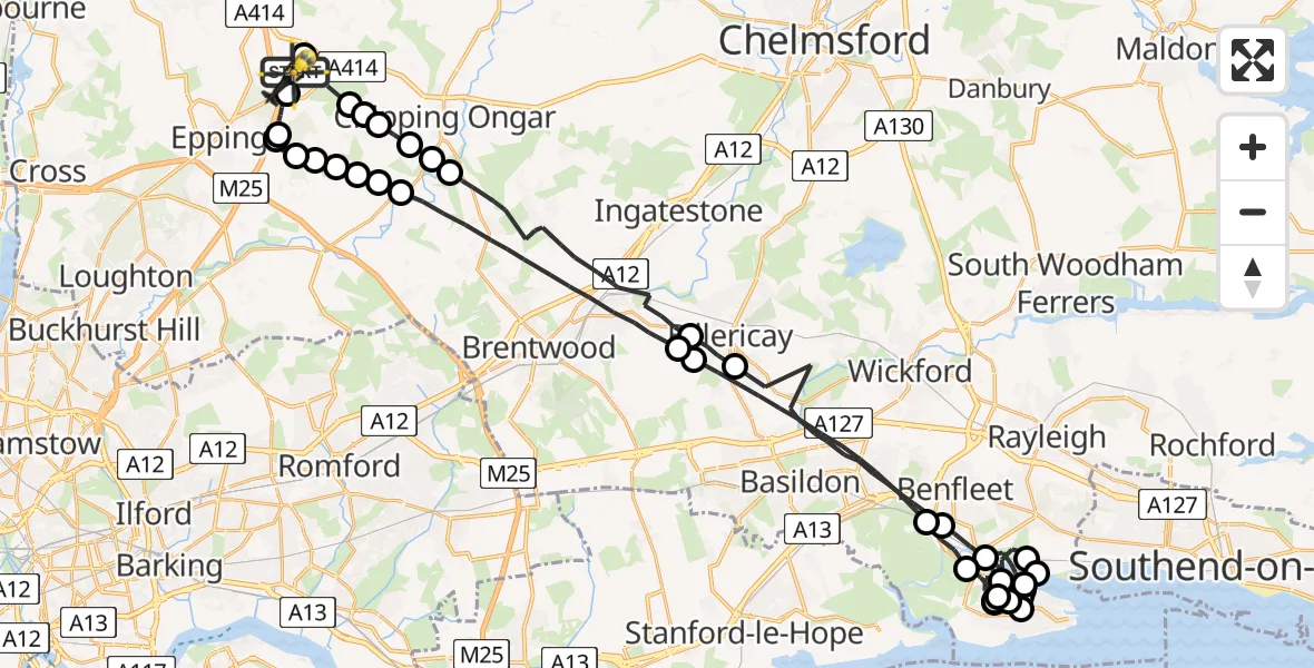 Flight path map showing Police Helicopter route from North Weald Airfield to North Weald Airfield