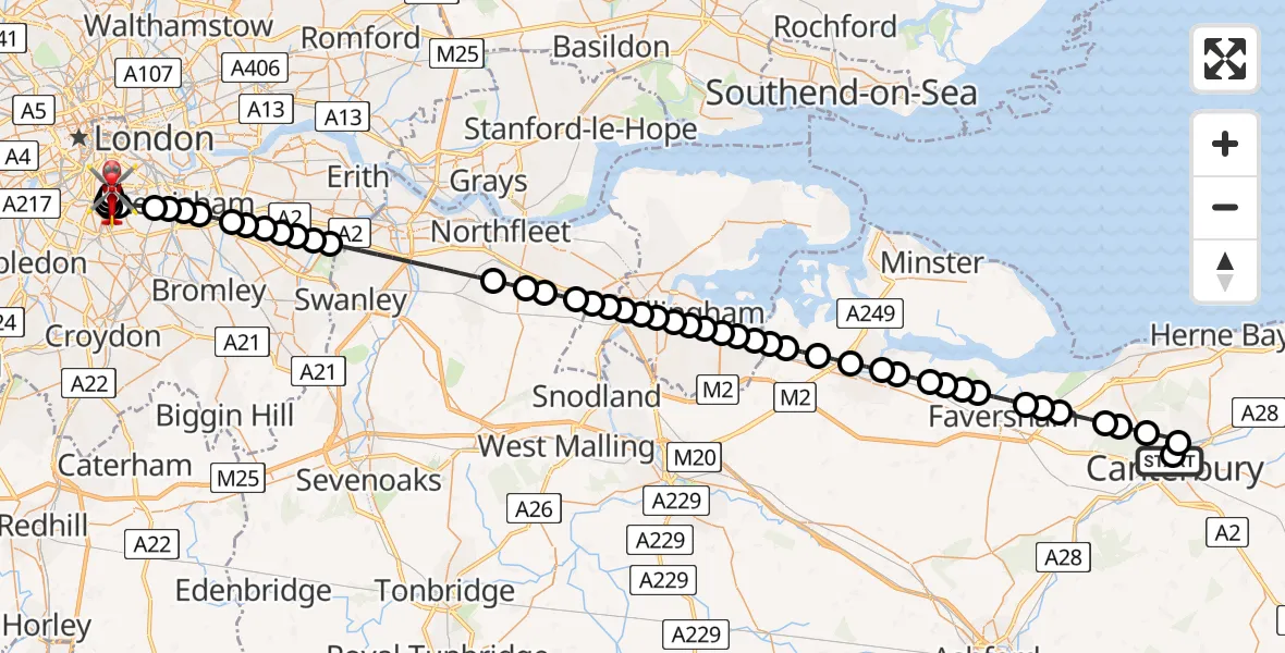 Flight path map showing Air Ambulance Helicopter route from Harbledown to Kings College London Hospital