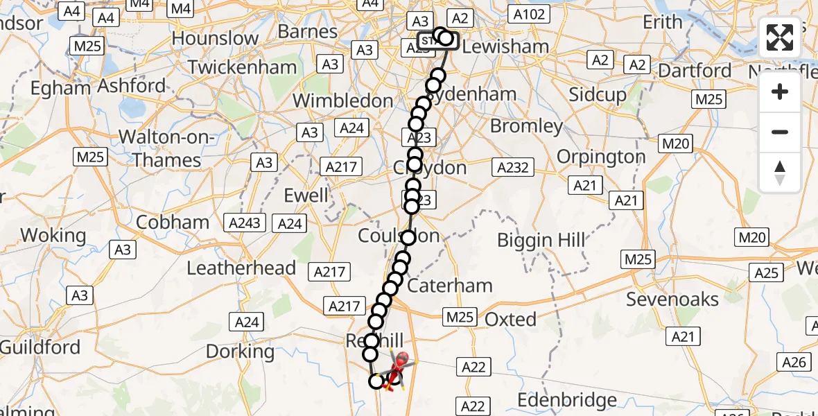 Flight path map showing Air Ambulance Helicopter route from Kings College London Hospital to Redhill Aerodrome
