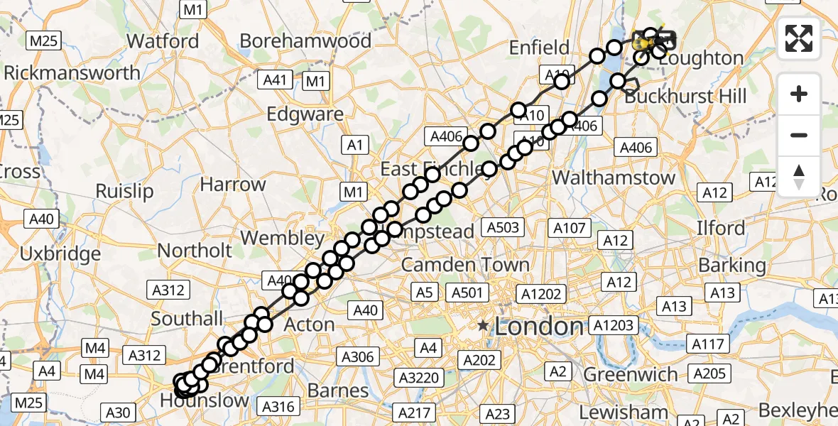 Flight path map showing Police Helicopter route from Metropolitan Police Air Support Unit Lippitts Hill to Metropolitan Police Air Support Unit Lippitts Hill