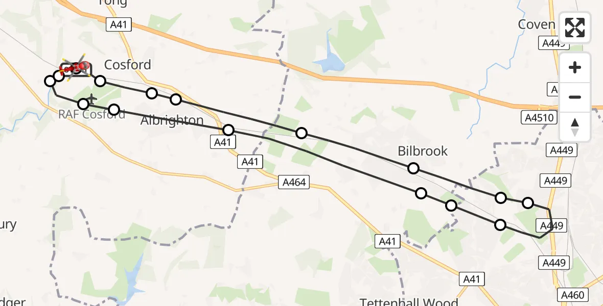 Flight path map showing Air Ambulance Helicopter route from RAF Cosford to Cosford