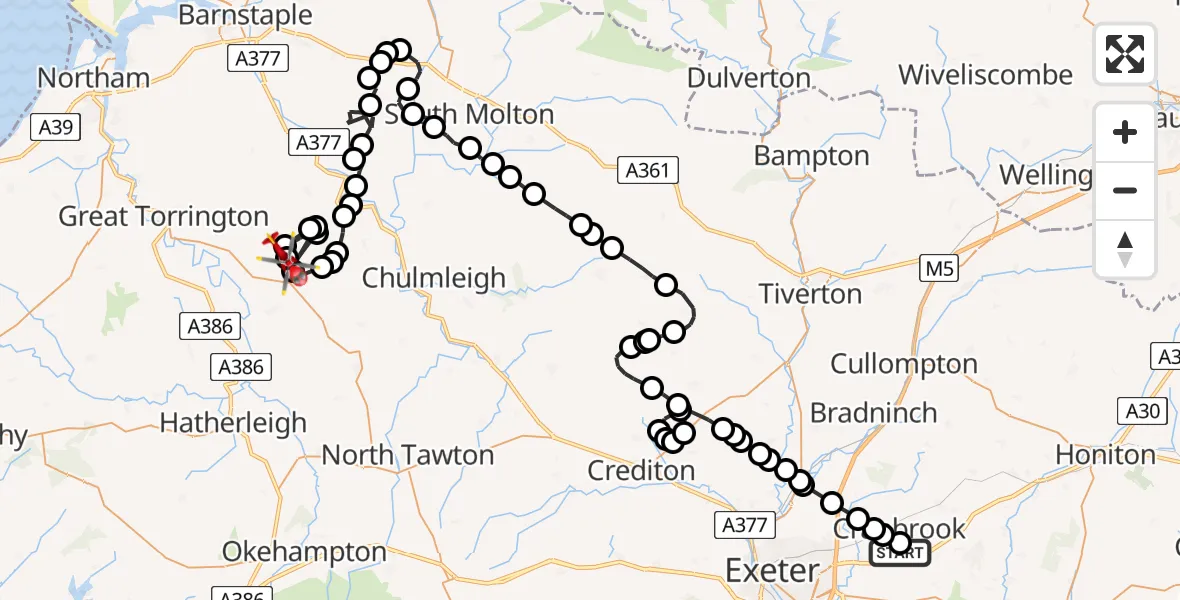 Flight path map showing Air Ambulance Helicopter route from Exeter International Airport to Roborough