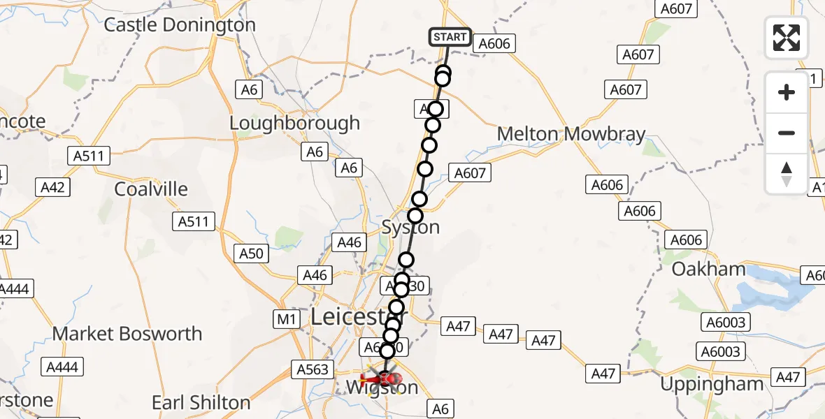 Flight path map showing Air Ambulance Helicopter route from Rushcliffe to Wigston