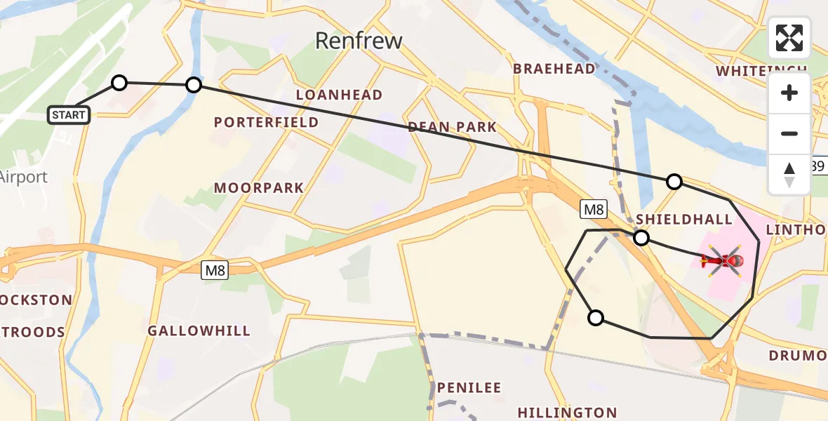 Flight path map showing Air Ambulance Helicopter route from Glasgow Airport to Queen Elizabeth Hospital
