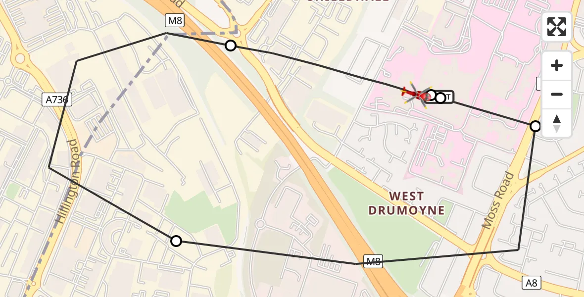Flight path map showing Air Ambulance Helicopter route from Queen Elizabeth Hospital to Glasgow