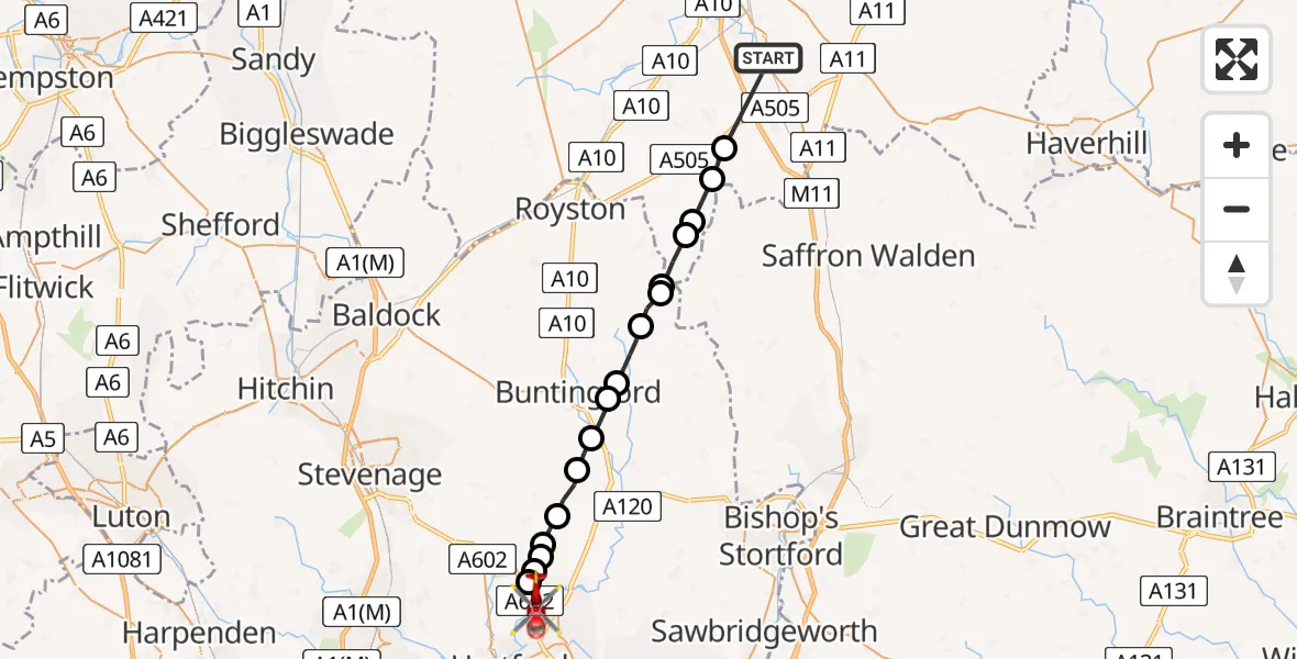 Flight path map showing Air Ambulance Helicopter route from Sawston to Tonwell
