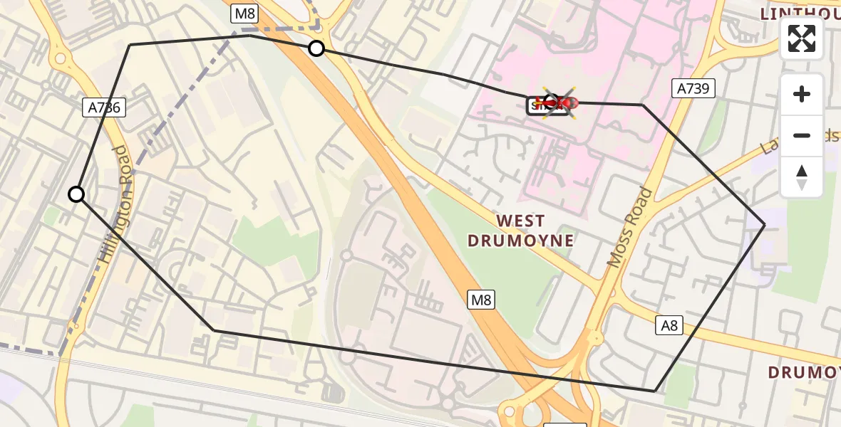 Flight path map showing Air Ambulance Helicopter route from Queen Elizabeth Hospital to Queen Elizabeth Hospital
