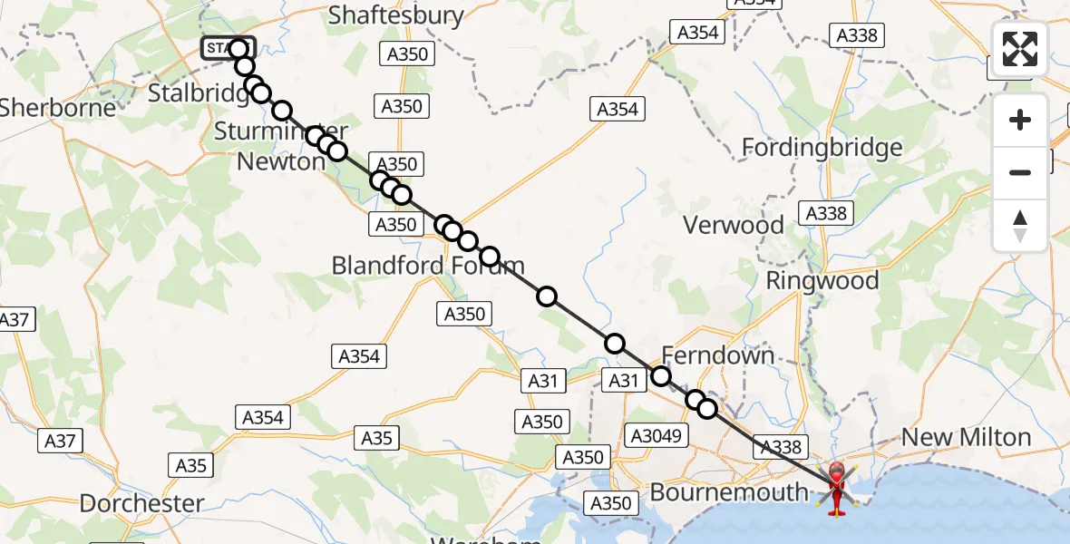 Flight path map showing Air Ambulance Helicopter route from Henstridge Airfield to Bournemouth