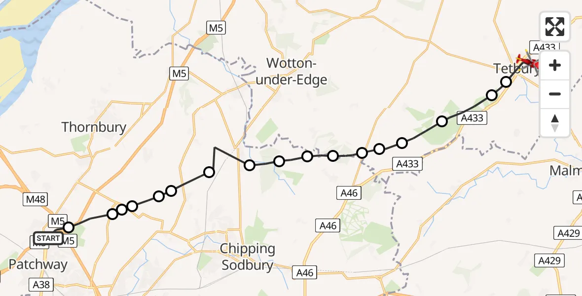 Flight path map showing Air Ambulance Helicopter route from Almondsbury Helicopter Base to Tetbury