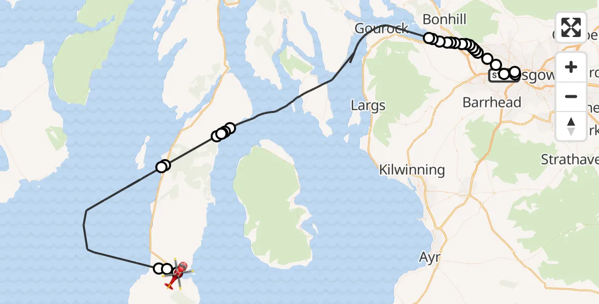 Flight path map showing Air Ambulance Helicopter route from Queen Elizabeth Hospital to Campbeltown