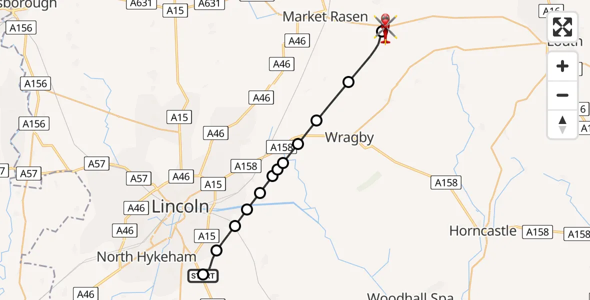 Flight path map showing Air Ambulance Helicopter route from RAF Waddington to North Willingham CP