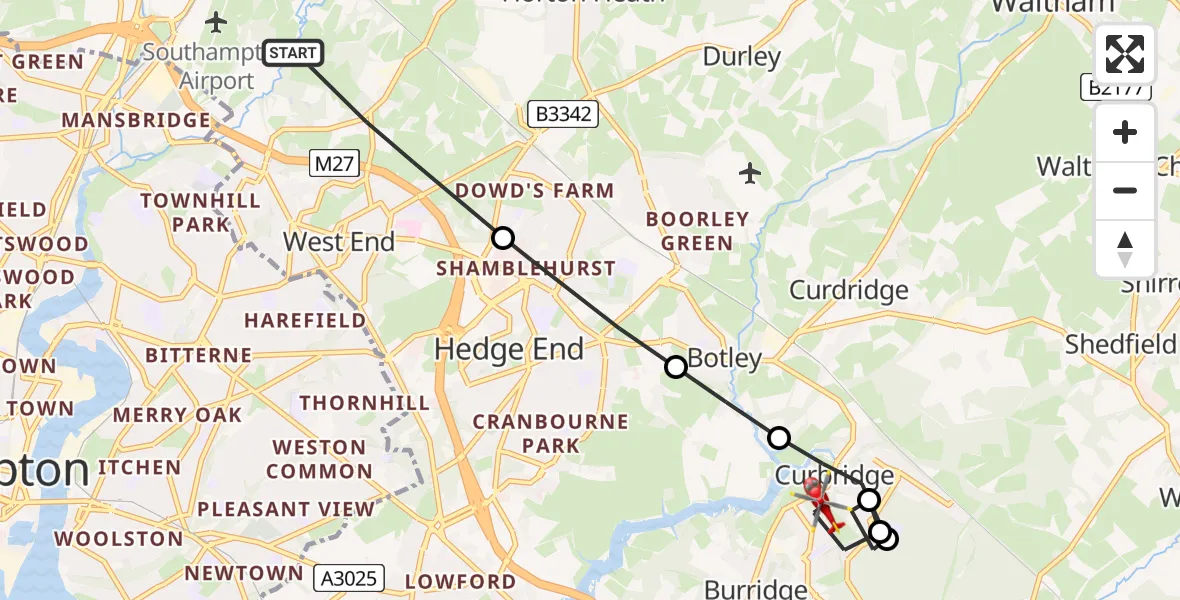 Flight path map showing Air Ambulance Helicopter route from Eastleigh to Curbridge