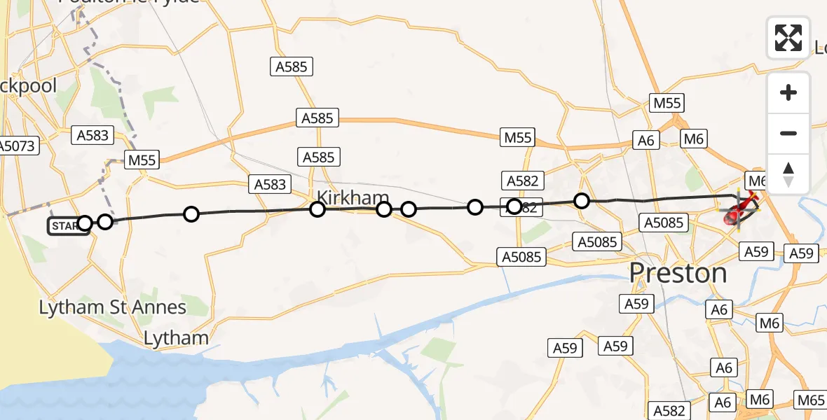 Flight path map showing Air Ambulance Helicopter route from Blackpool Airport to Preston