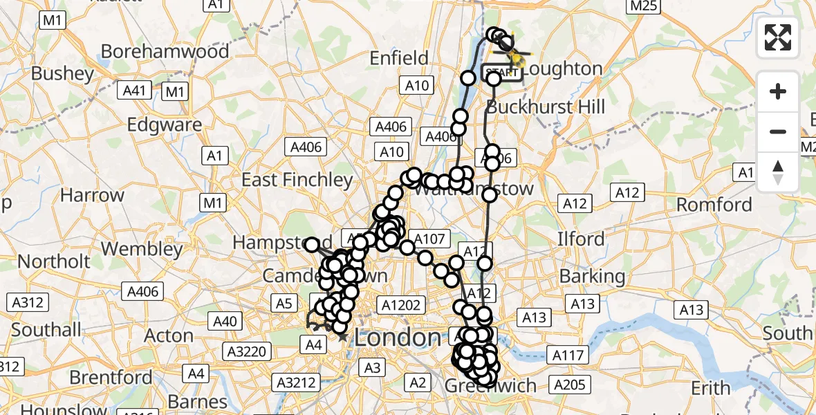 Flight path map showing Police Helicopter route from Sewardstonebury to Sewardstonebury