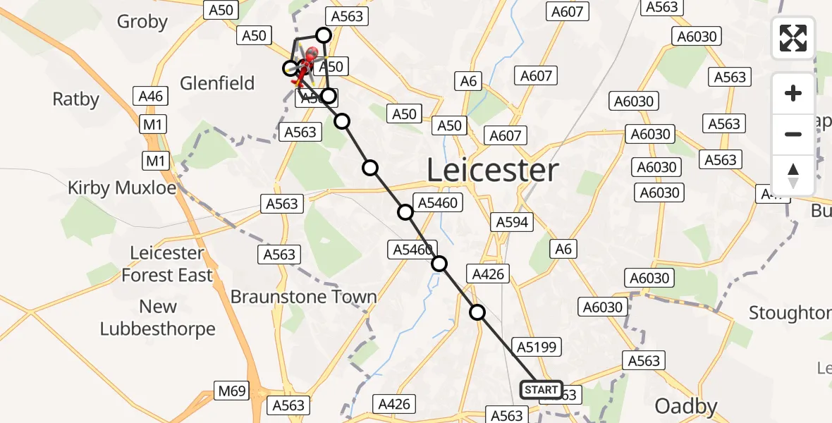 Flight path map showing Air Ambulance Helicopter route from Knighton Fields to Bradgate Heights