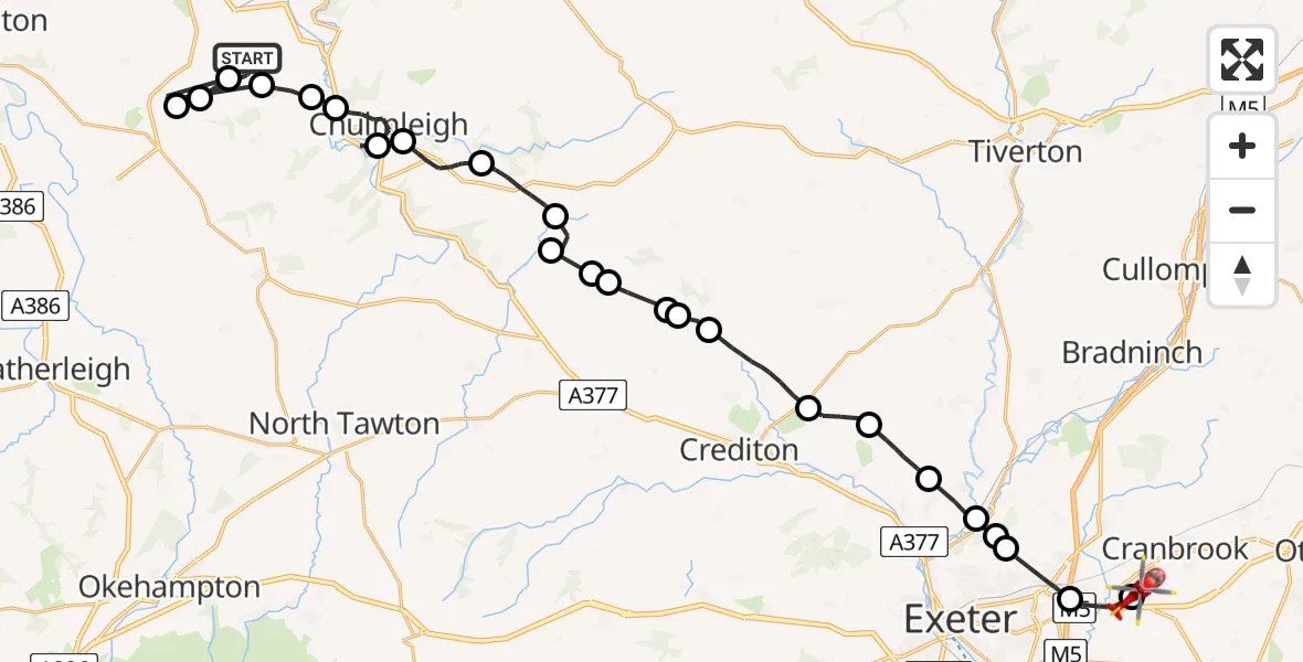 Flight path map showing Air Ambulance Helicopter route from Burrington to Exeter International Airport
