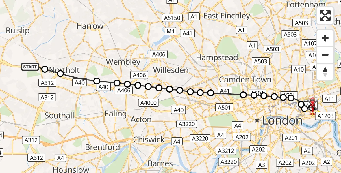 Flight path map showing Air Ambulance Helicopter route from RAF Northolt to Royal London Hospital