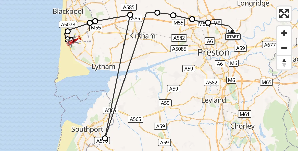 Flight path map showing Air Ambulance Helicopter route from Preston to Blackpool Airport
