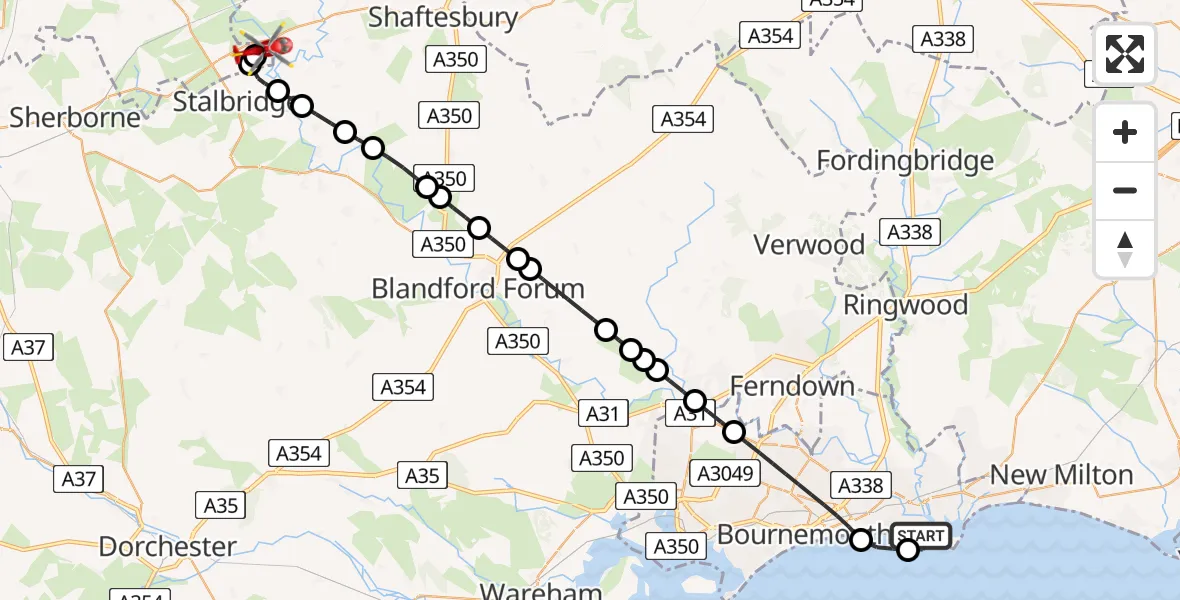 Flight path map showing Air Ambulance Helicopter route from Bournemouth to Henstridge Airfield