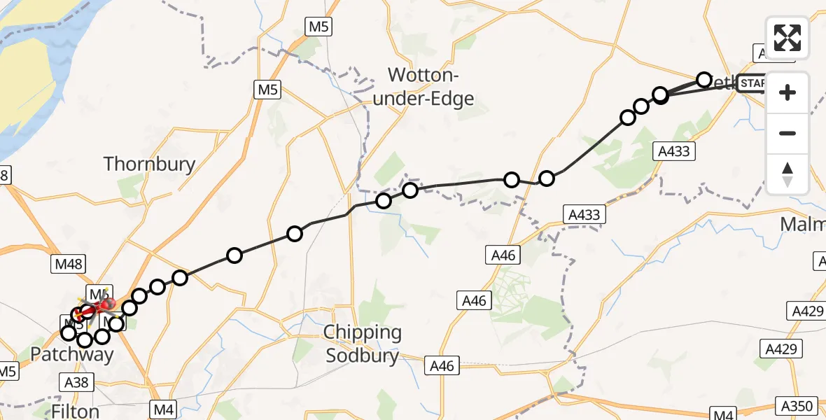 Flight path map showing Air Ambulance Helicopter route from Tetbury to Almondsbury Helicopter Base