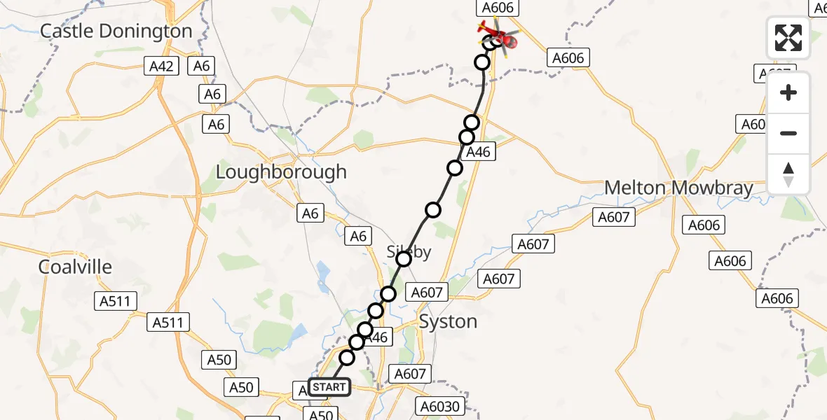 Flight path map showing Air Ambulance Helicopter route from Beaumont Leys to Nottingham Heliport