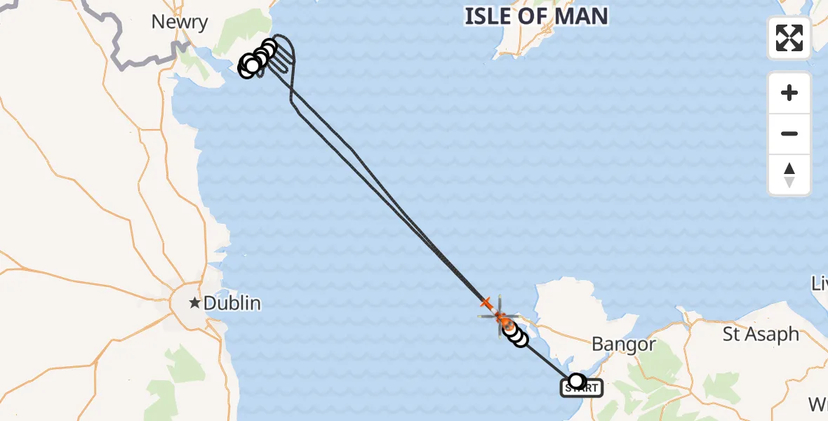Flight path map showing Coastguard Helicopter route from Caernarfon Airport to Irish Sea