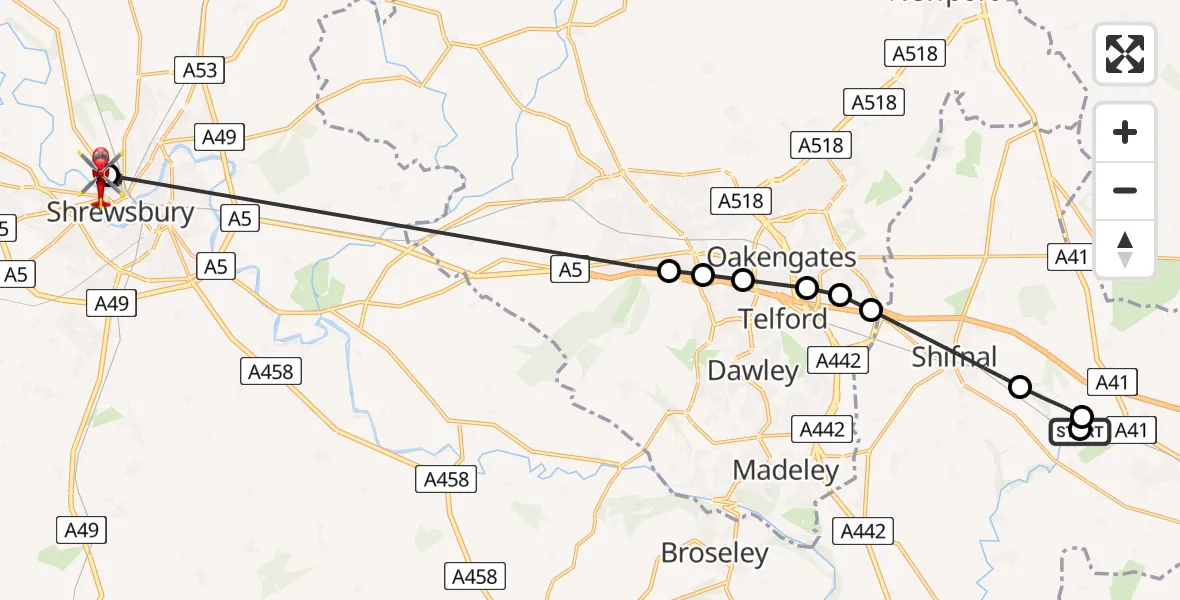 Flight path map showing Air Ambulance Helicopter route from RAF Cosford to Shrewsbury
