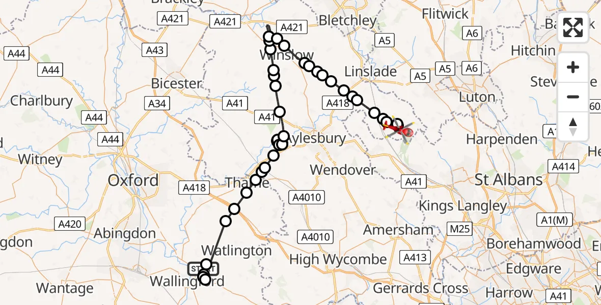 Flight path map showing Air Ambulance Helicopter route from RAF Benson to Ivinghoe