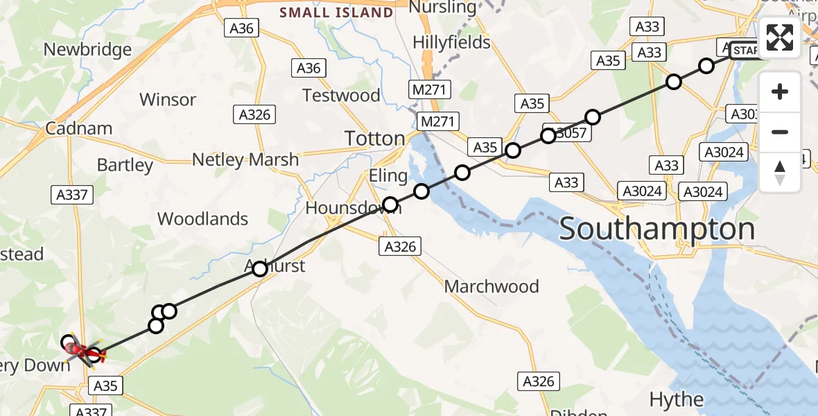 Flight path map showing Air Ambulance Helicopter route from Mansbridge to Lyndhurst