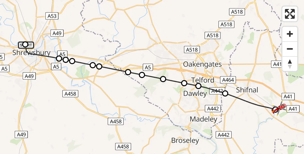 Flight path map showing Air Ambulance Helicopter route from Shrewsbury to Cosford