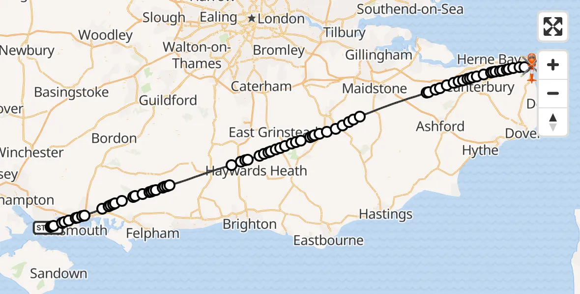Flight path map showing Coastguard Helicopter route from Solent Airport to Manston Airport