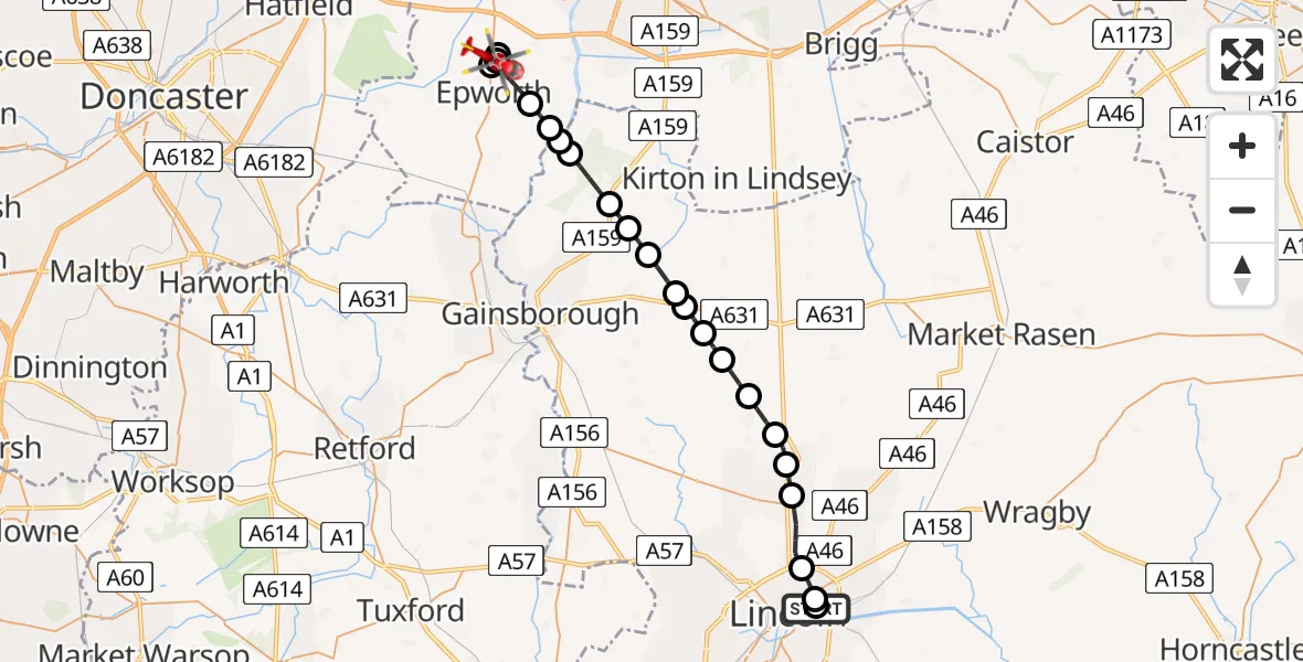 Flight path map showing Air Ambulance Helicopter route from Lincoln County Trauma Unit to Grey Green