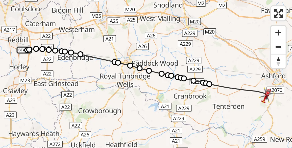 Flight path map showing Air Ambulance Helicopter route from Redhill Aerodrome to Ashford