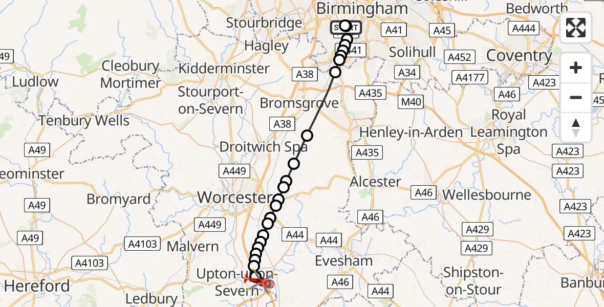 Flight path map showing Air Ambulance Helicopter route from Queen Elizabeth Hospital Helipad to Upper Strensham
