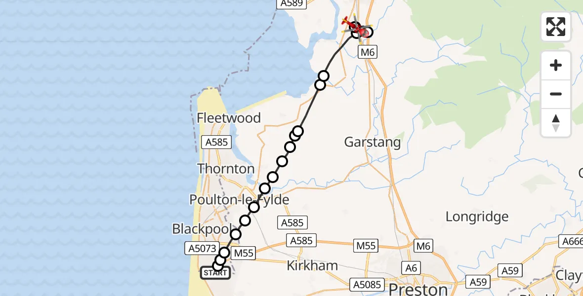 Flight path map showing Air Ambulance Helicopter route from Blackpool Airport to Bailrigg