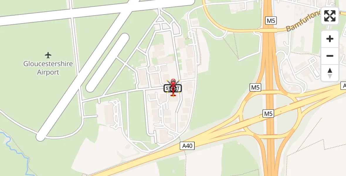 Flight path map showing Air Ambulance Helicopter route from Gloucestershire Airport to Gloucestershire Airport